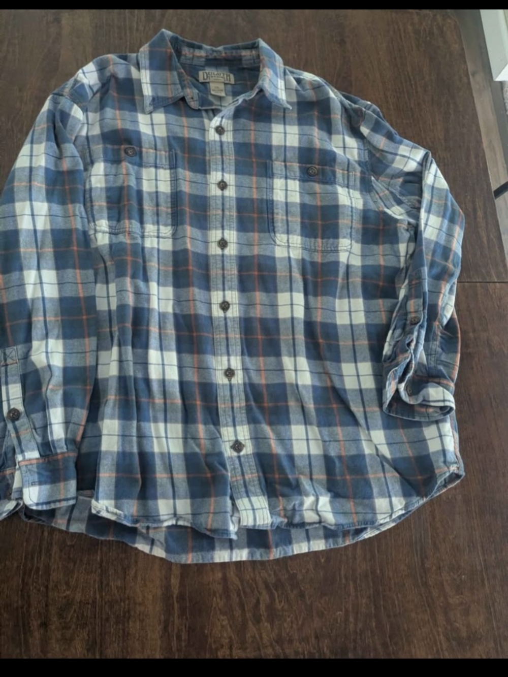Duluth Trading Co Blue, White and Orange Plaid Button-Down Shirt